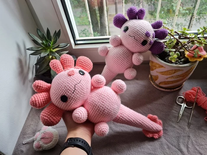 I think I have a favorite color of the Axolotl) - My, Knitting, Crochet, Knitted toys, Amigurumi, Axolotl, Handmade, With your own hands, Needlework without process, , Needlework, Toys, Pink, Longpost