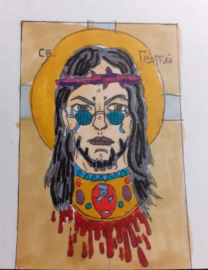 Only the one who heard the echo is holy ... - My, Egor Letov, civil defense, Icon, Jesus Christ, Did not work out, Black humor, Banter, Religion, , Beginner artist, Watercolor markers, JoJo Reference
