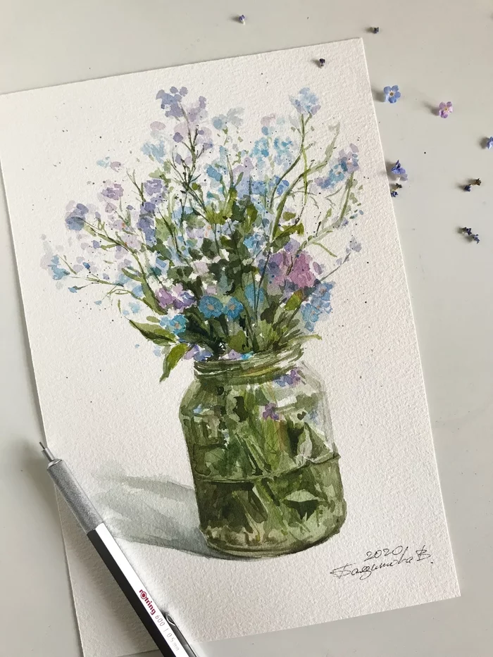 Forget-me-nots - My, Painting, Watercolor, Flowers, Forget-me-nots, Artist, Longpost