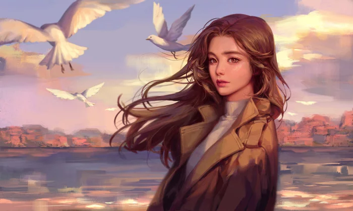 warm sunrise - Drawing, Sunrise, Girls, Birds, Art