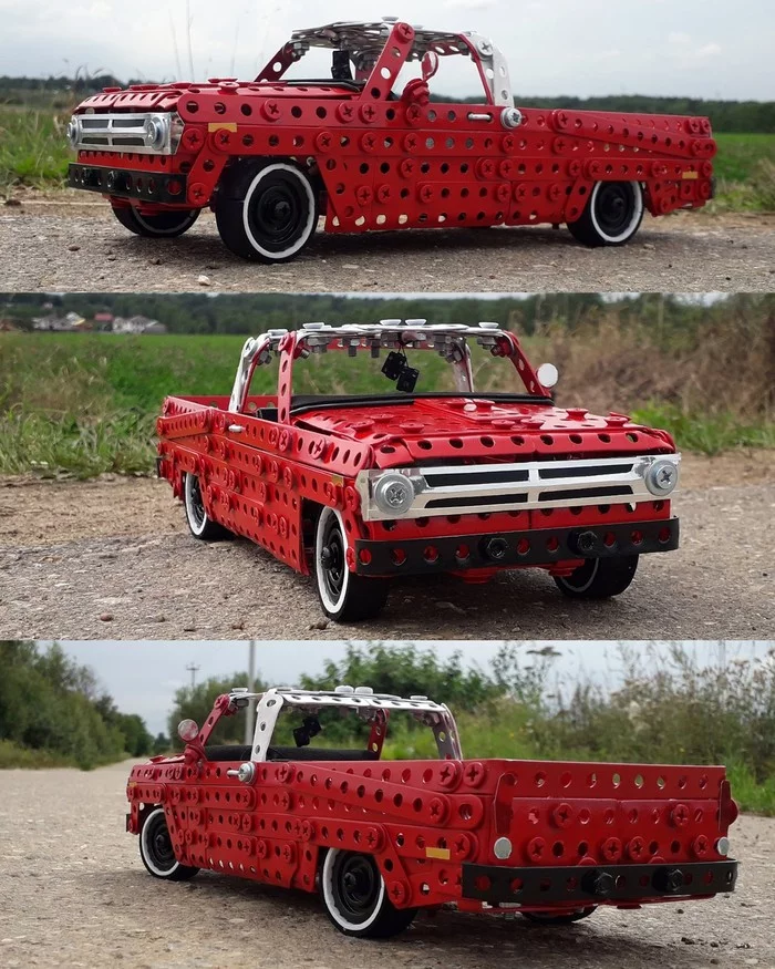 1971 Dodge D 100 made of metal constructor, wire, rubber, leather and cardboard - My, Dodge, Truck, Pickup, Modeling, Retro car, Constructor, Scale model