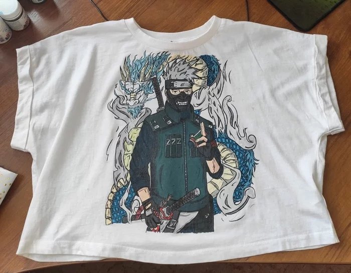 Painting T-shirt Kakashi sensei - My, Painting on fabric, Creation, Painting, Cloth, Hobby, T-shirt, Needlework without process, Naruto, Longpost, , Anime