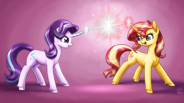 Magic Battle - My Little Pony, PonyArt, Sunset Shimmer, Starlight Glimmer, King-Kakapo