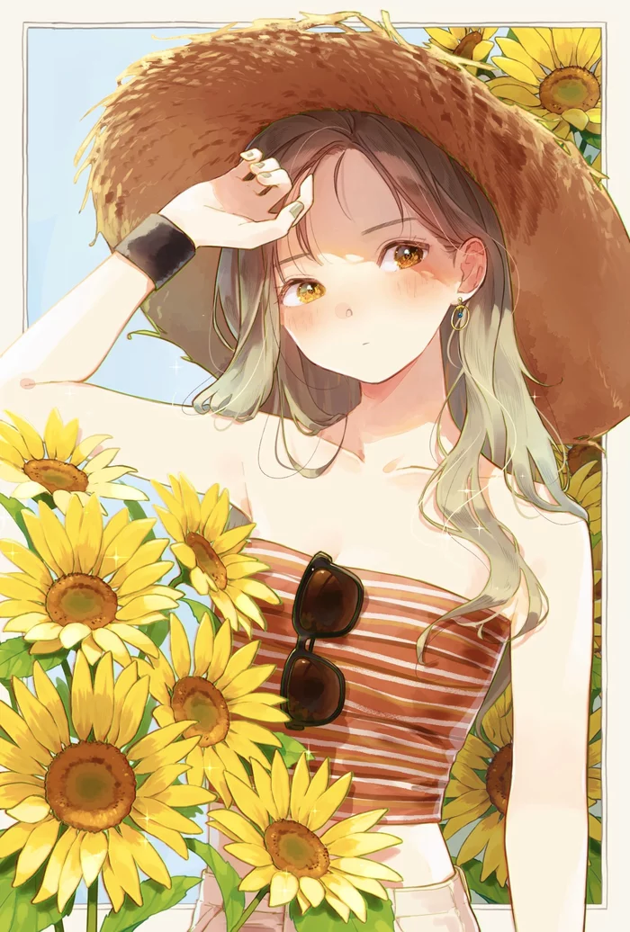 in sunflowers - Drawing, Girls, Sunflower, Sunglasses, Anime art, Art