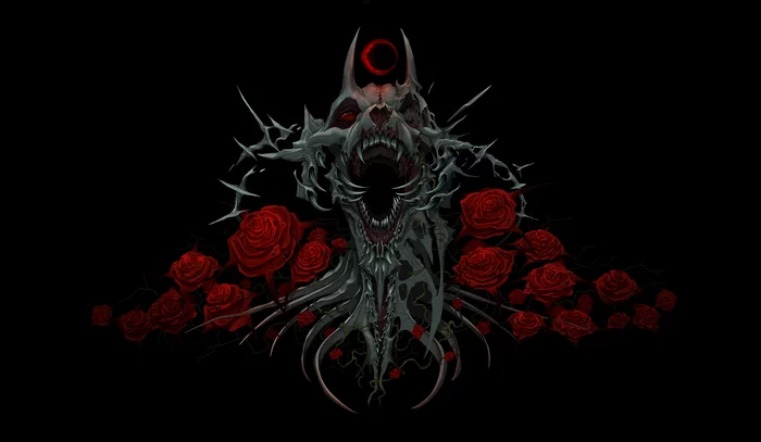Emblems and banners - My, Illustrations, Scull, Horror, Teeth, Bones, Digital drawing, Flowers, the Rose, , Lore of the universe, Jaws