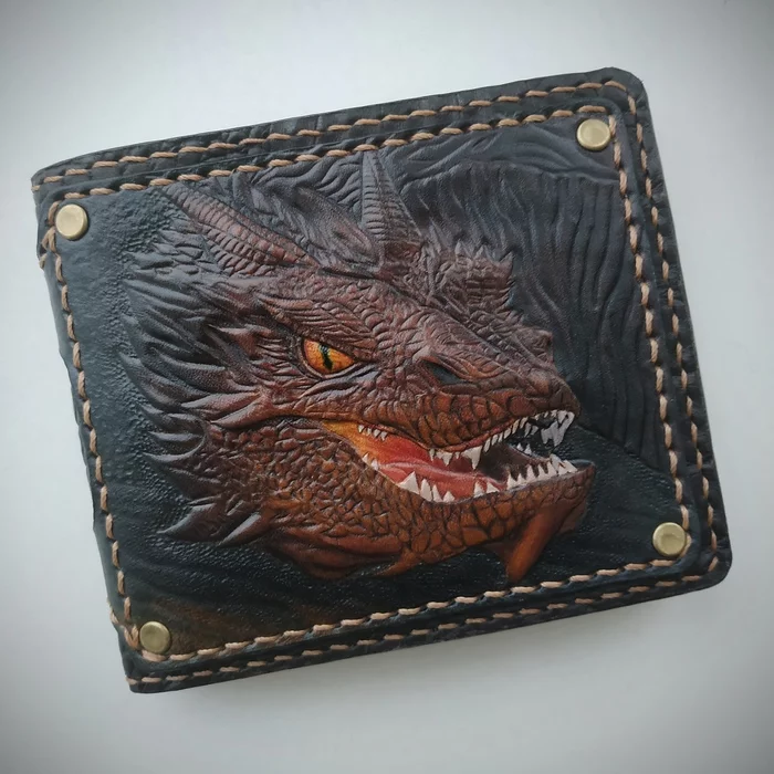 Bifolds - My, Leather, Leather products, Beefold, Smaug, Tarantula, Wolf, Handmade, Embossing on leather, , Needlework with process, Longpost