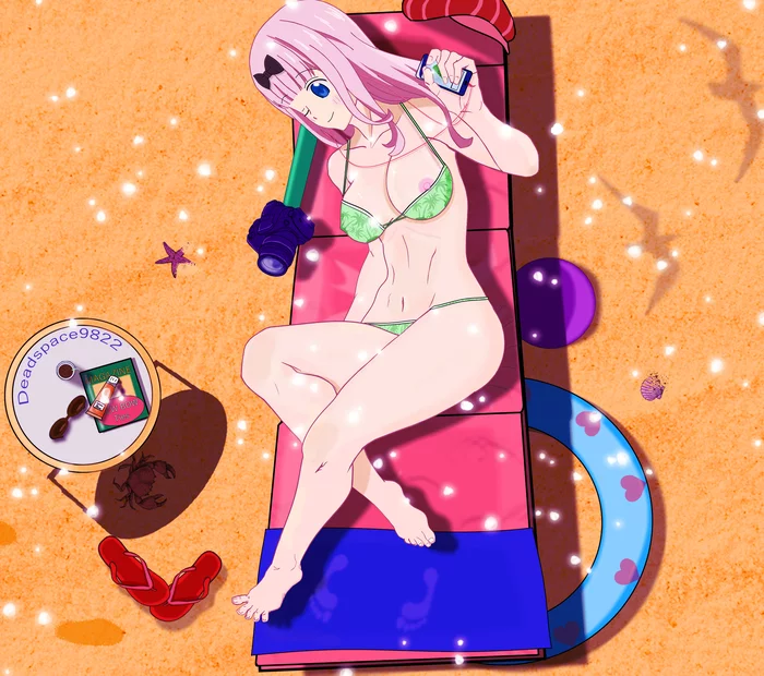 Chika fujiwara - NSFW, My, Fujiwara chika, Anime art, Breast, Beach, Pink hair, Legs, Anime, Kaguya-Sama wa Kokurasetai