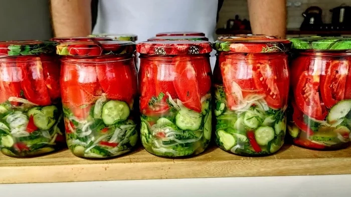 Summer salad for the winter / Favorite recipes for preparations - My, Blanks, Canning, Tomatoes, Salad, Recipe, Food, Cooking, Other cuisine, Video, Longpost