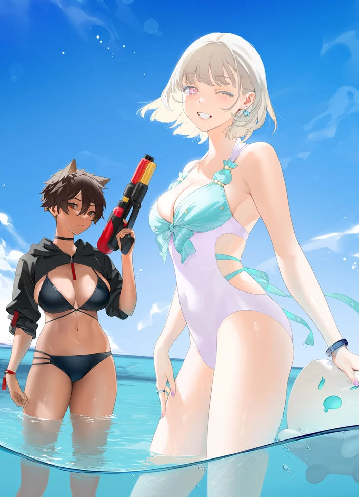 В волейбол или постреляем? - NSFW, Anime Art, Аниме, Девушки, Anime Original, Купальник, Pixiv