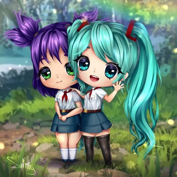 Charming Lena and Miku) - Endless summer, Visual novel, Hatsune Miku, Lena, Chibi, Art, Fan art