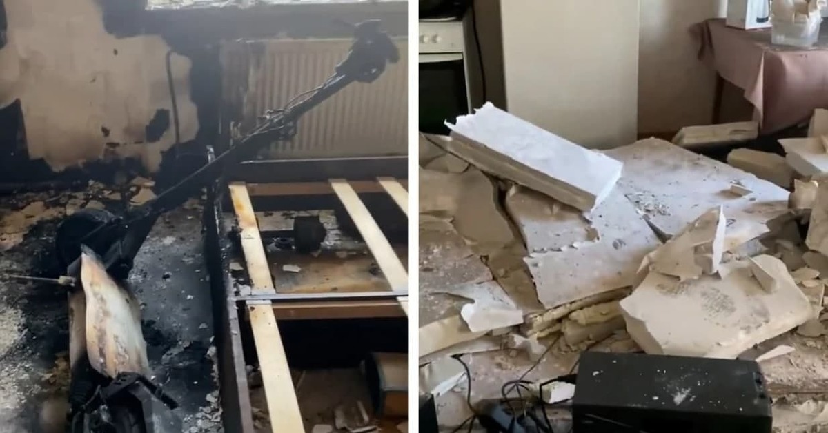 Загорелся электросамокат. Взорвался аккумулятор самоката. Взорвался аккумулятор самоката. Сгоревший электросамокат. Электрический самокат взорвался.