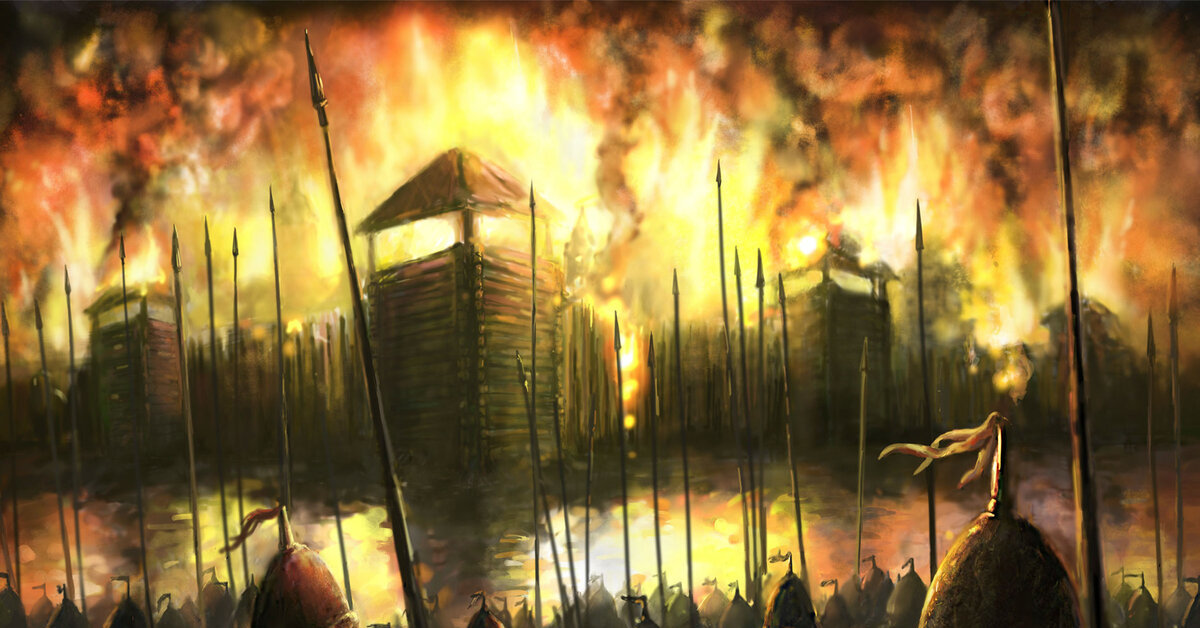 группа воинов в древнерусских доспехах на фоне горящего города