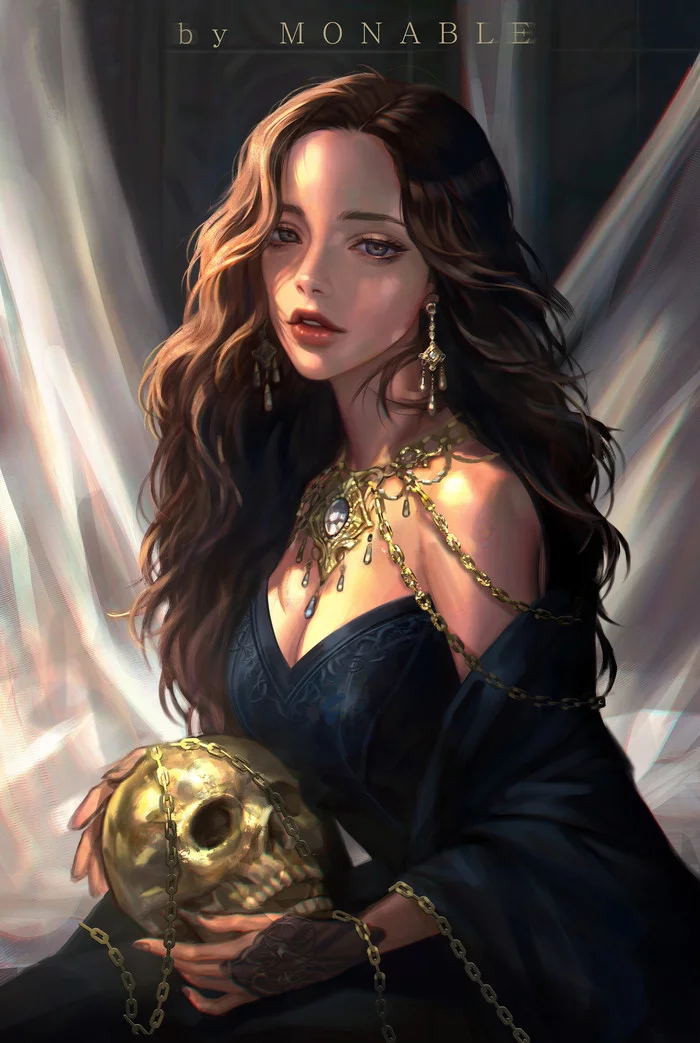 Black and Gold - Рисунок, Девушки, Платье, Черное, Украшение, Череп, Monable, Арт