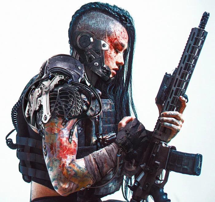 War Veteran 2058 - Cyberpunk, Girls, Weapon, Art, Images, 3D, Render, Cyborgs, , Girl with tattoo, Digital drawing