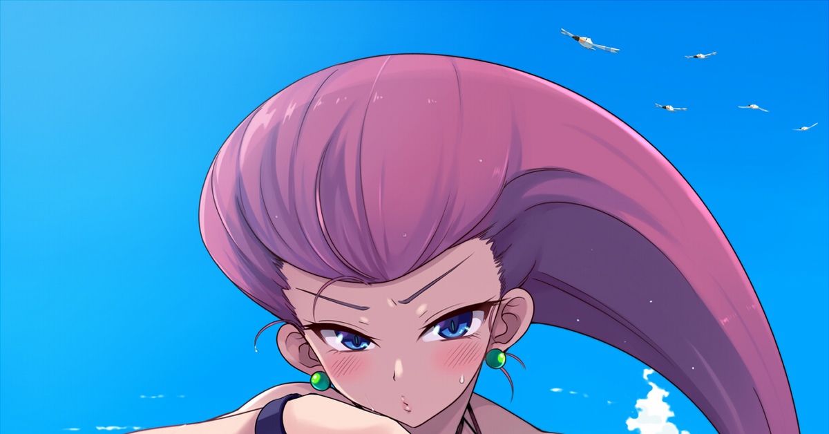 Jessie - NSFW, Аниме, Anime Art, Jessie, Покемоны, James, Команда R, Мяут, Пикачу, , Покебол, Сиськи, Арт, Купальник