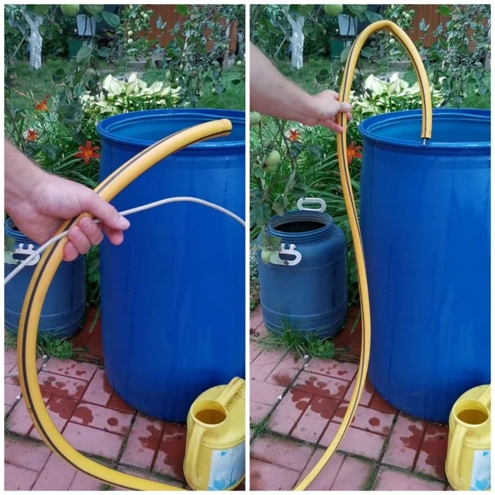 So that the hose does not fall out of the barrel (I invented it myself, and now everyone is copying :))) - My, Barrel, Dacha, Life hack, Hose, Water supply, Watering, Video, Longpost