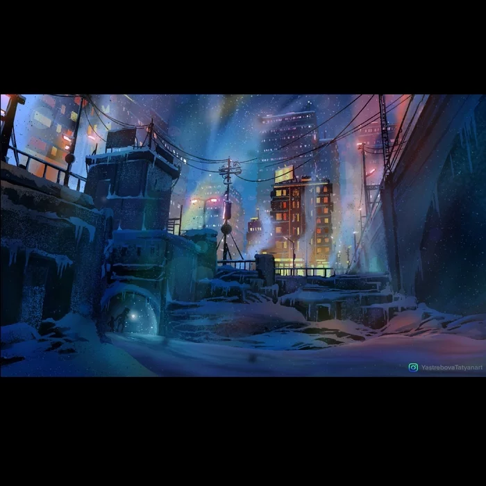 Bright night winter scene of the city is the best solution from the heat - My, Environment, Concept Art, Environment, Painting, Video