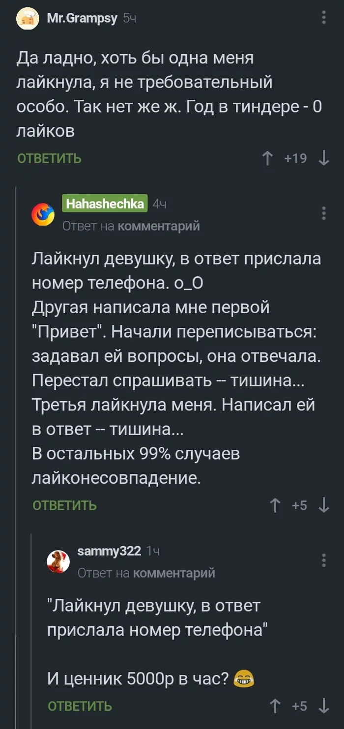 Слишком дорогие лайки - Комментарии на Пикабу, Скриншот, Tinder, Лайк, Знакомства, Девушки, Поиск, Деньги, Длиннопост