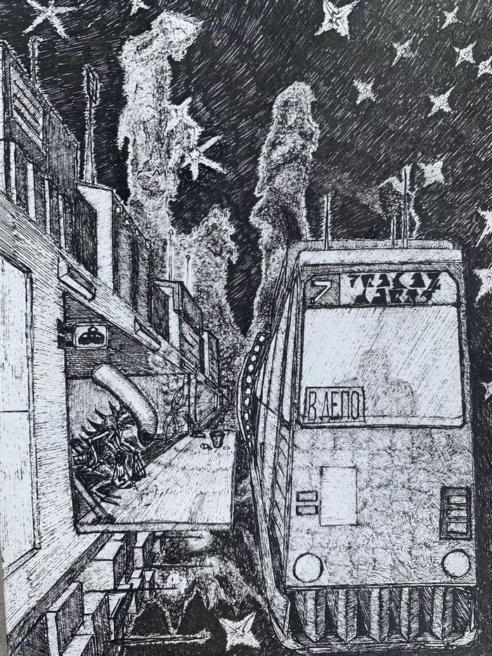 At the bus stop - My, Pen drawing, Learning to draw, Junior Academy of Artists, Stranger, Tram, Pillars of Creation, Space