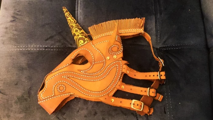 Leather mask Unicorn - My, Leather craft, Needlework with process, Natural leather, Needlework, Longpost, BDSM, Ponyplay