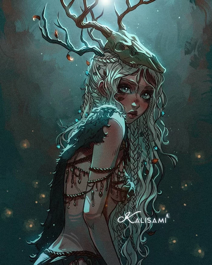 Daughter of the Forest - Drawing, Fantasy, Girls, Forest, Scull, Kalisami, Art, Dryad