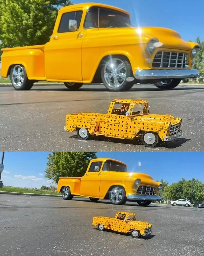 1955 Chevy 3100 made of metal constructor, wire, rubber, leather and cardboard - My, Chevrolet, Truck, Retro car, Modeling, Constructor, Retro, Homemade