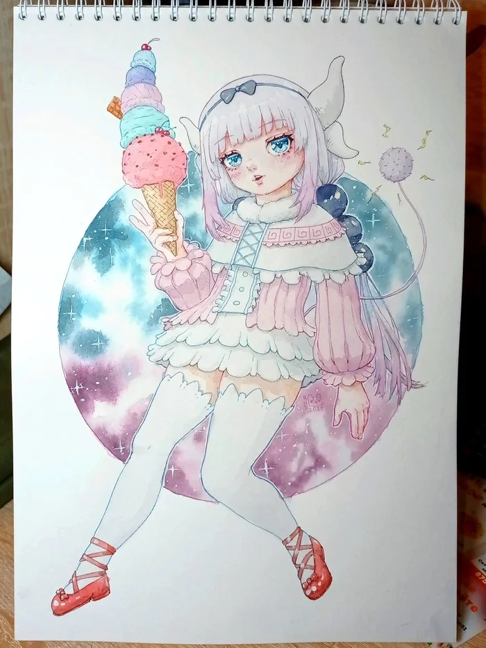 Канна с мороженкой - Моё, Anime Art, Рисунок, Акварель, Kanna Kamui, Kobayashi-San chi no maidragon, Loli, Длиннопост, Аниме