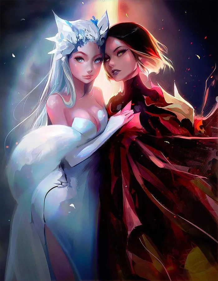 Ice and Fire - Рисунок, Девушки, Лёд и Пламя, Rossdraws, Арт