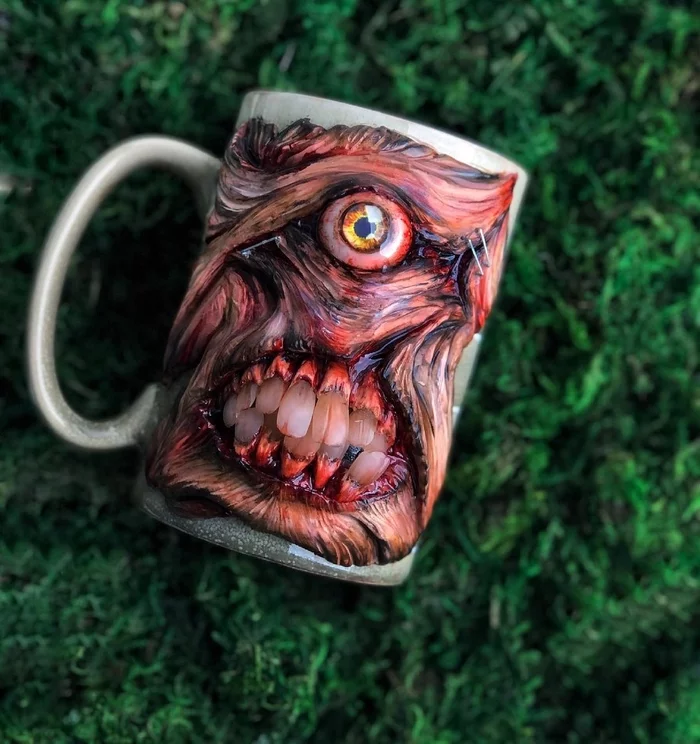 Mug Zombie - My, Handmade, Кружки, Art, Horror, Zombie, Horror, Mug with decor, Longpost