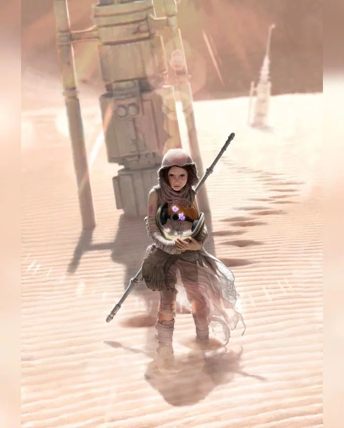 Keeping life - Drawing, Star Wars, Star Wars VII: The Force Awakens, Rey, Girl, Flowers, Desert, Jakku, , Art