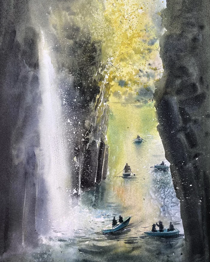 Japanese waterfalls. - My, Watercolor, Drawing