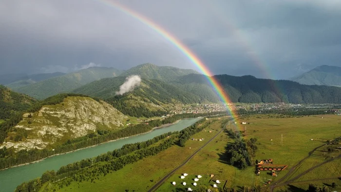 Double rainbow over Katun - My, Nature, Altai Republic, River, Rainbow, The mountains