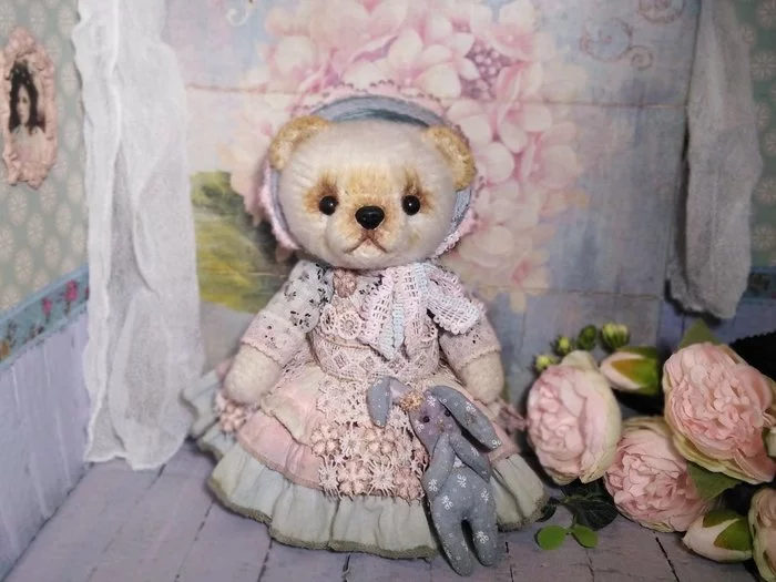 Knitted bear in vintage style - My, Needlework without process, Knitting, Crochet, Teddy bear, Soft toy, Knitted toys, Friday tag is mine, Interior doll, , Sewing, Hare, Longpost