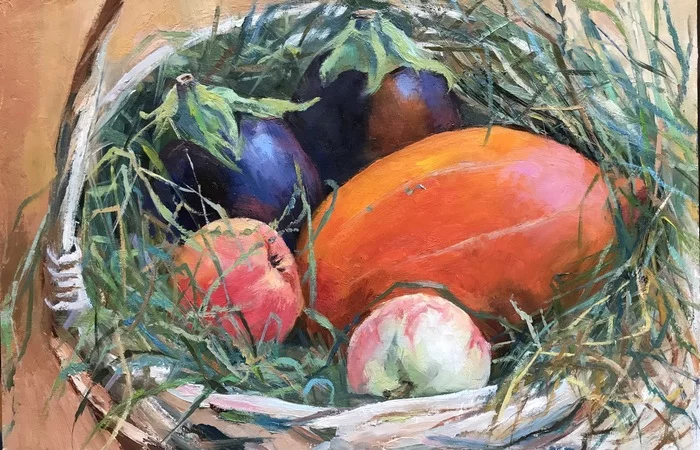 Harvest in a basket - My, Canvas, Butter, Oil painting, Luboff00, Pumpkin, Apples, Eggplant