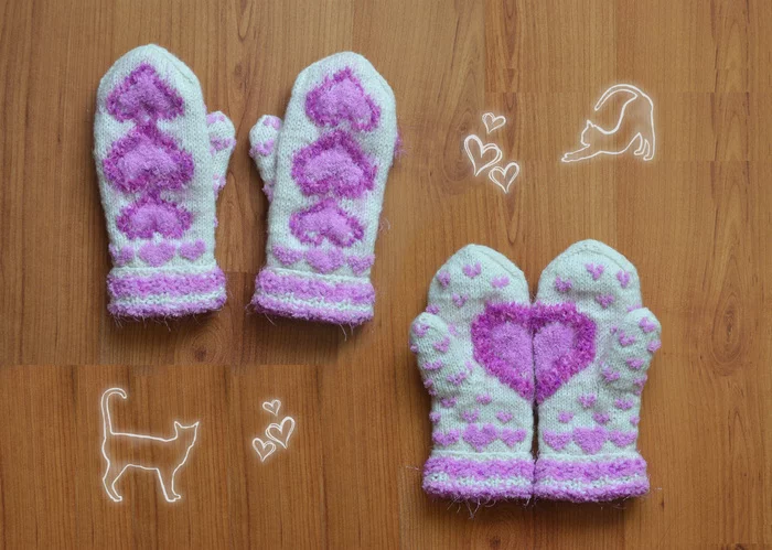 Mittens Hearts - My, Needlework without process, Mittens, Heart, Pink, Knitting, Handmade, Longpost