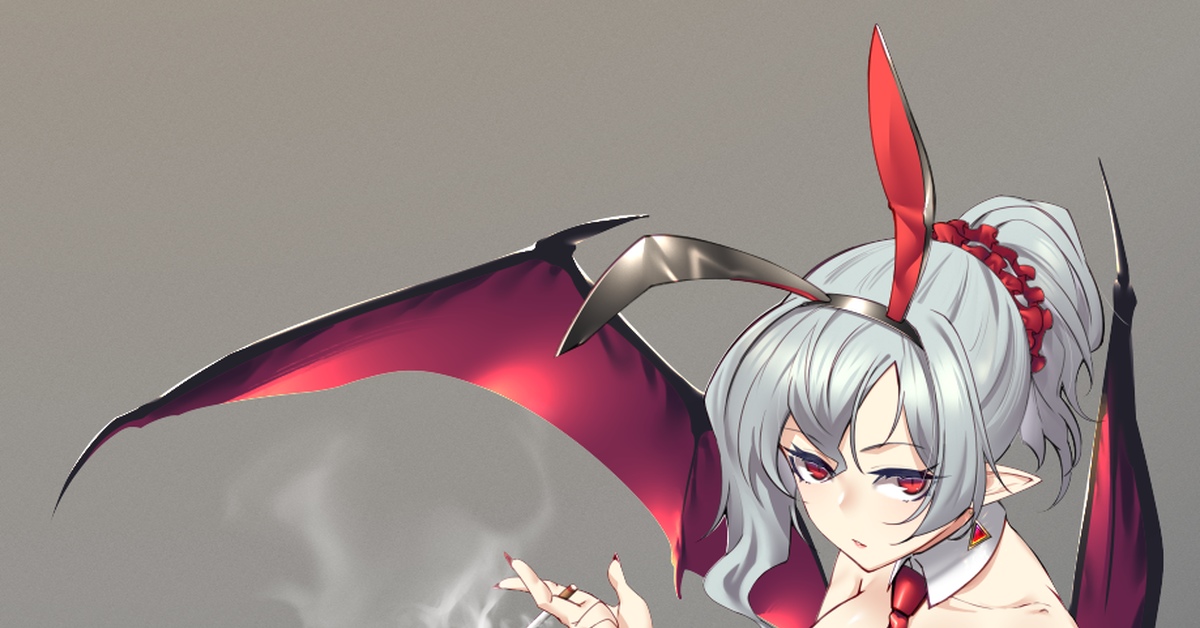 Remilia Scarlet - NSFW, Touhou, Remilia Scarlet, Anime Art, Аниме, Shukusuri, Bunnysuit, Сиськи, Рисованная эротика, , Эротика, Курение, Сигареты