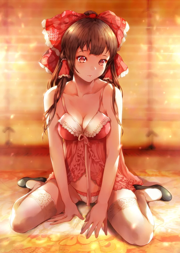 Hakurei Reimu - NSFW, Touhou, Hakurei Reimu, Anime Art, Аниме, Mayonaka Taruho, Нижнее белье, Сиськи, Панцу, , Чулки, Рисованная эротика, Эротика