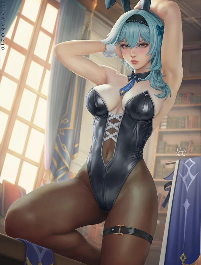 Definitely not a future skin) - NSFW, Genshin impact, Eula (Genshin Impact), Girls, Art, Bunnysuit, Breast, Tights, Hand-drawn erotica, , Sciamano240