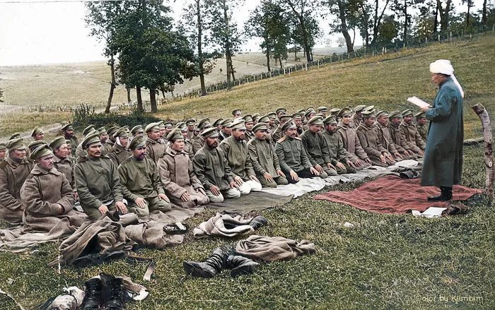 Muslim soldiers of the Russian Imperial Army at morning prayers. - Российская империя, Army, The soldiers, The photo, Story, Muslims, Russia, Colorization