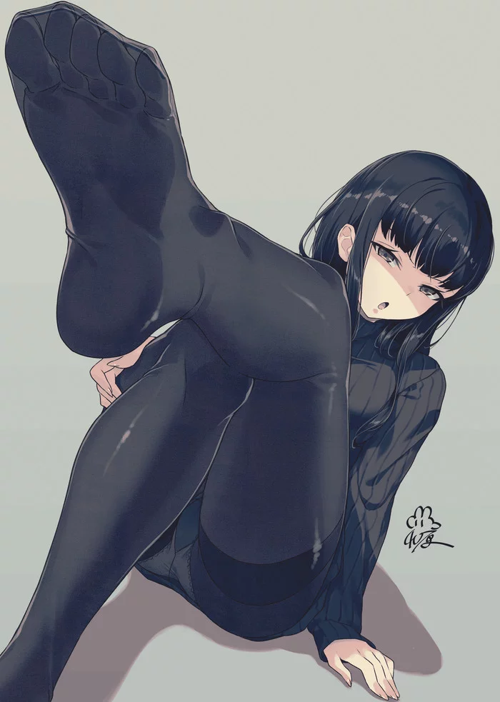 Aesthetics of black tights - NSFW, Anime, Anime art, Anime original, Tights, Foot fetish, cat, Longpost