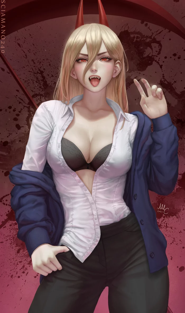 Power (дополнение) - NSFW, Арт, Аниме, Anime Art, Chainsaw Man, Power, Девушки, Эротика, Рисованная эротика, , Нижнее белье, Сиськи, Девушка с рогами, Sciamano240, Длиннопост