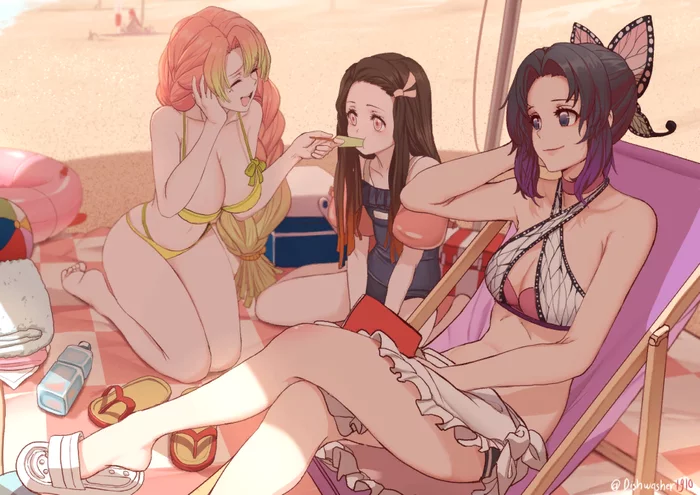 Beach - NSFW, Kimetsu no yaiba, Kochou shinobu, Nezuko Kamado, Mitsuri Kanroji, Anime art, Anime, Swimsuit