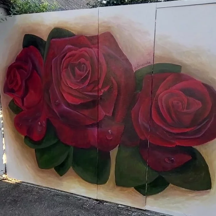 Velvet roses on the gate - My, Wall painting, Painting, Artist, Painting, Video, Longpost