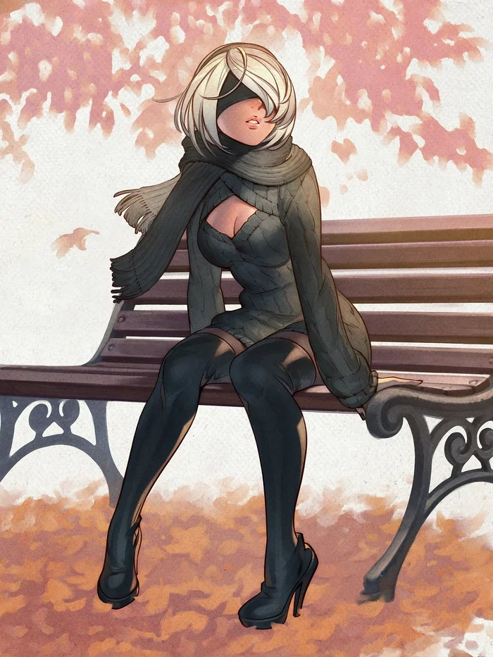 Осень пришла, холодает - Рисунок, NIER Automata, Yorha unit No 2 type B, Девушки, Android, Осень, Nakanoart, Арт