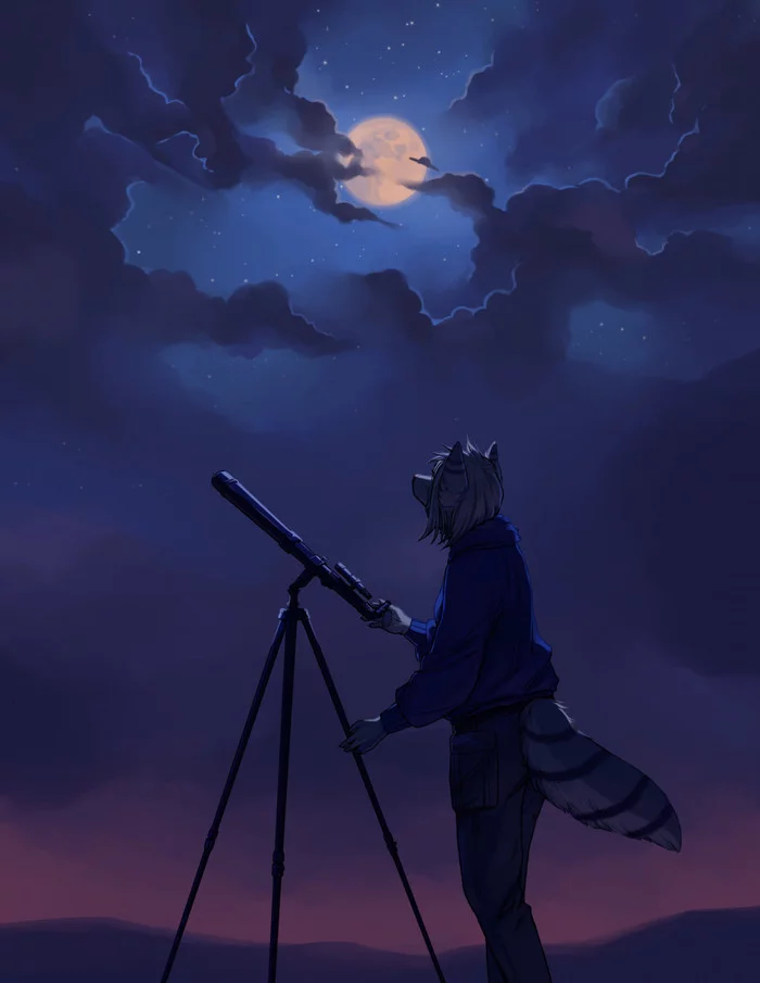 Just the moon - Furry, Anthro, Art, Furry fox, Oooopo