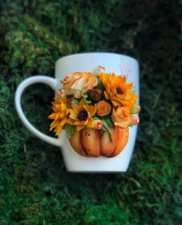 Mug Colors of autumn - My, Кружки, Handmade, Art, Ocean, Creation, Polymer clay, Longpost, Needlework without process