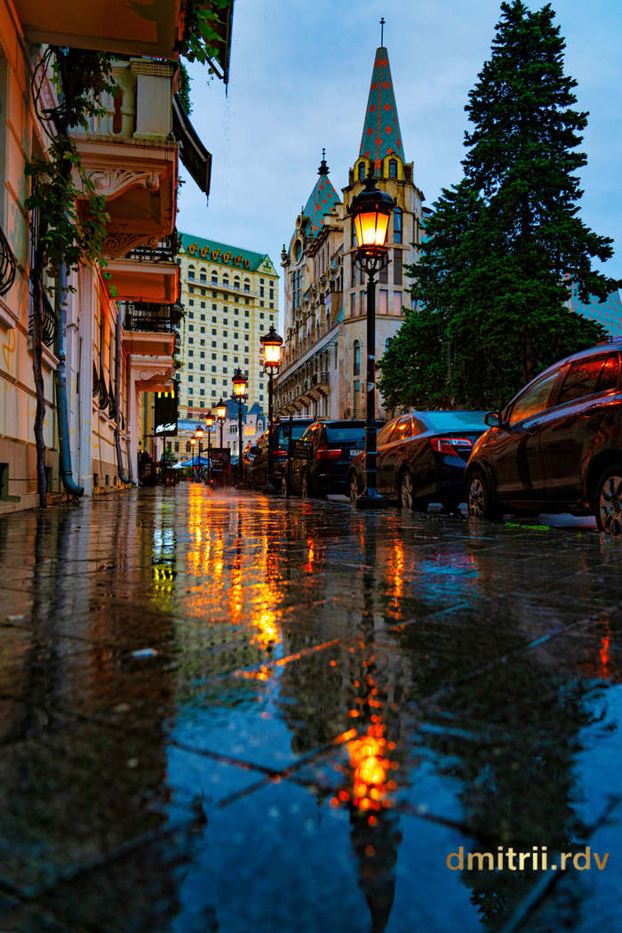The beauty of rainy Batumi... - Georgia, Batumi, Rain, Evening, Lamp, Pavement, Reflection, The photo