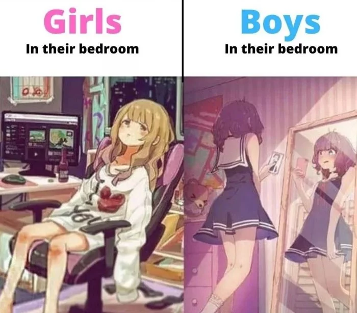 Girls in their room / Boys in their room - Its a trap!, Memes, Picture with text, Anime trap, Trap Art, Trapom