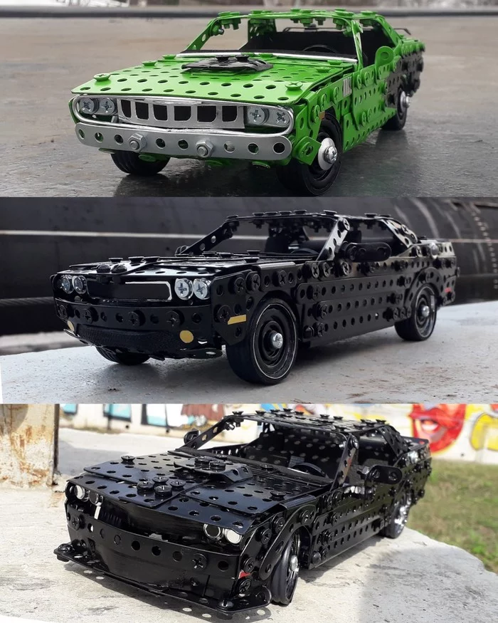 1971 Plymouth Cuda, 2012, 2015 Dodge Challenger in metal construction set, wire, rubber, leather and cardboard - Muscle car, Retro car, Modeling, Dodge, Dodge challenger