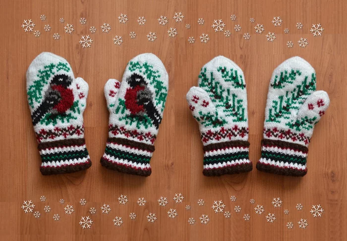 Mittens Bullfinches - My, Mittens, Handmade, Bullfinches, Knitting, Knitting, Jacquard, Birds, Girl, , Presents, Christmas trees, New Year, Needlework without process, Longpost